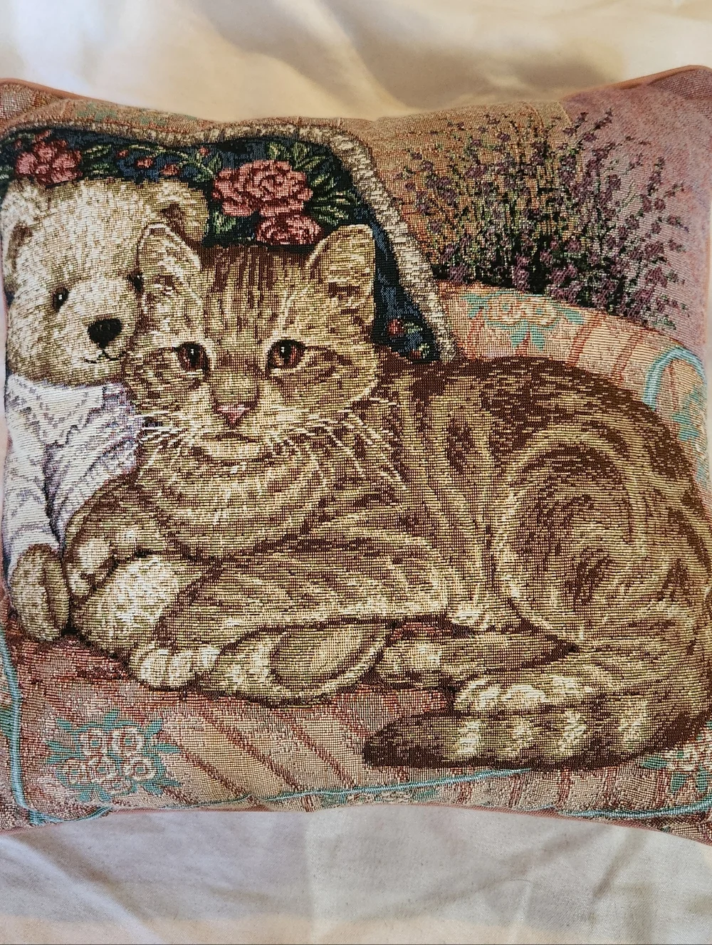 Vintage Cat Tapestry Pillow Cottagecore Floral Needlepoint Style Throw